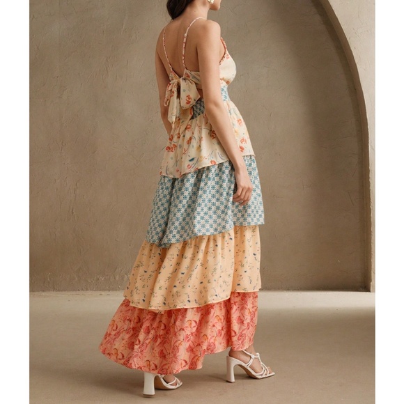 Boho Floral Print Layered Tiered Ruffle Hem Tie Back Cami maxi Dress - Picture 6 of 9